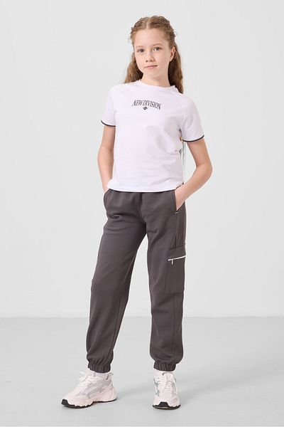 TOMMY LIFE White-Dark Gray O Neck Printed Elastic Leg Cargo Pocket Girls Tracksuit Set - 75173