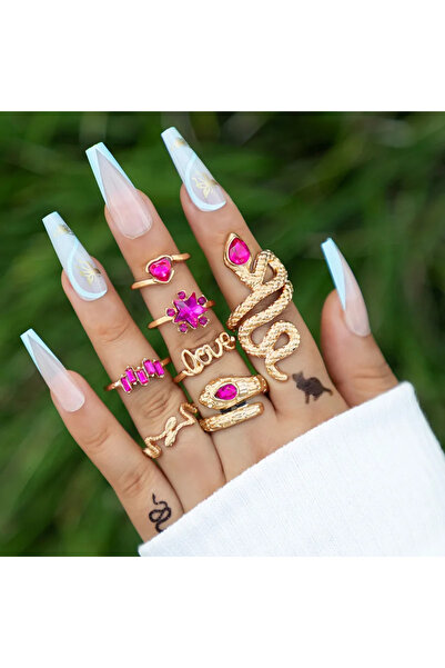 Girift Vintage مجموعة ستين مكونة من 7 خواتم من الحجر الوردي