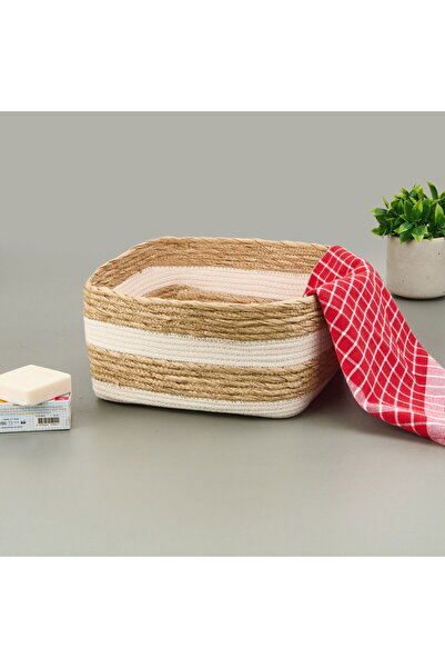 ASPARTAM سلة حبل ورقية كبيرة على طراز بوهو - بيج / أبيض - 28x28x14 سم