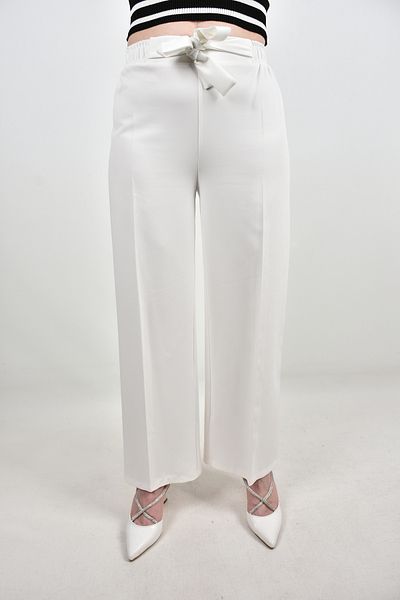 moda caddesi Women's Elastic Waist Belted Wide Leg Trousers.
