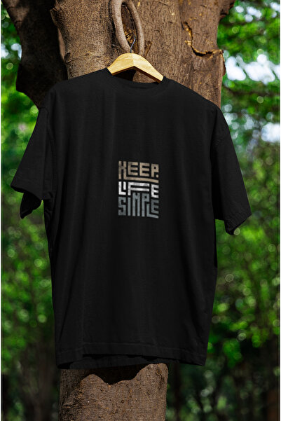 MG تي شيرت KEEP LIFE SIMPLE مطبوع للجنسين برقبة دائرية من القطن ذو قصة كبيرة ...