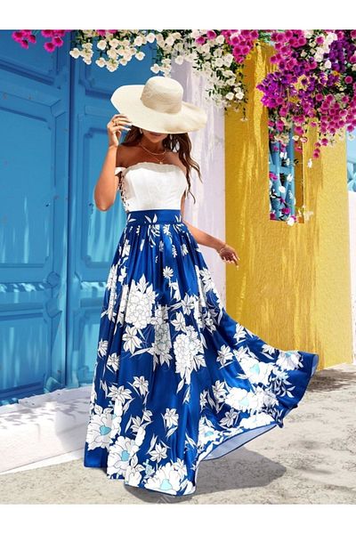 Silerra Women's Floral Printed Maxi Length Single Jersey Skirt