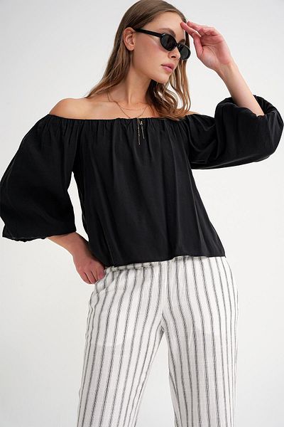 Mixray 4706 Women's Backless Balloon Sleeve Strapless Blouse Black