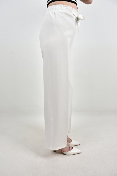 moda caddesi Women's Elastic Waist Belted Wide Leg Trousers.