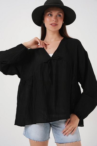 MRA Fashion Front Lace-Up Long Sleeve Blouse 946 - Black