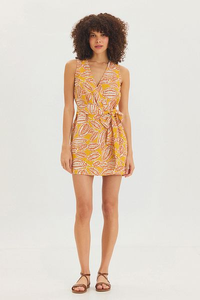Clandestino Patterned V-Neck Front Tie Mini Dress Yellow
