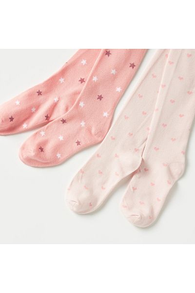 Juniors Printed Closed Feet Tights with Elasticised Waistband - Set of 2