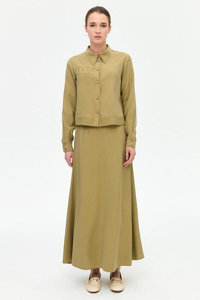 Esswaap Linen Gather Detailed Skirt Suit Khaki