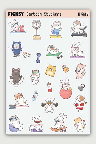 Ficksy Kawaii Style Cute Kitten Yoga Fitness Themed Sticker Set - 44 Pieces of Sticker Stickers