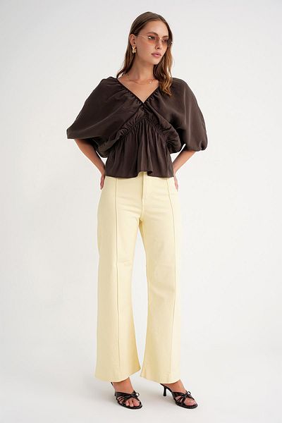 Mixray 4703 Women's V-Neck Elastic Modal Blouse Brown