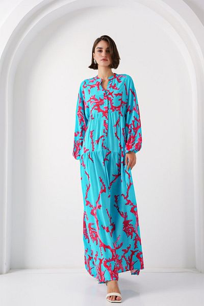 modaserdem 2423 Authentic Patterned Hijab Dress - Ice Blue