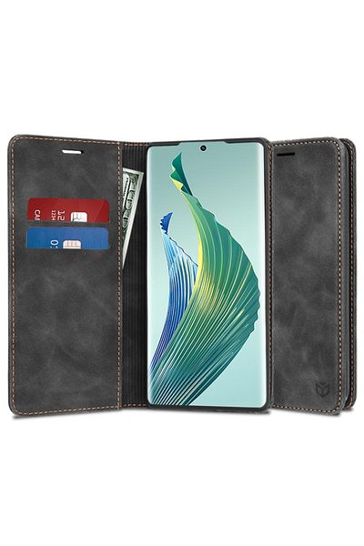 SKYDDAR INNOVATION Husă pentru Honor Magic5 Lite, portofel moale, tip carte, piele ecologică premium, neagră, set de autocolante