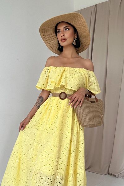 MRA Fashion Yellow shoulder elastic brode dress