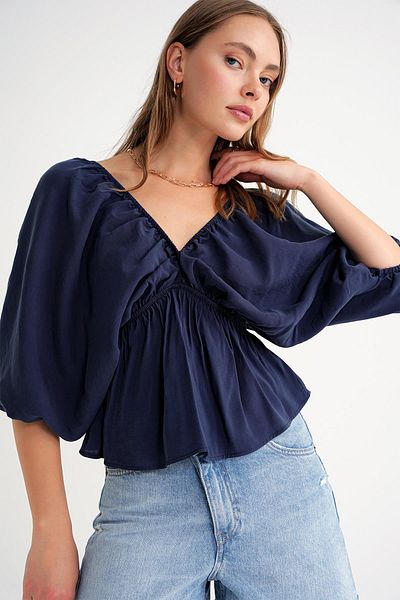 Mixray 4703 Women's V-Neck Elastic Modal Blouse Navy Blue