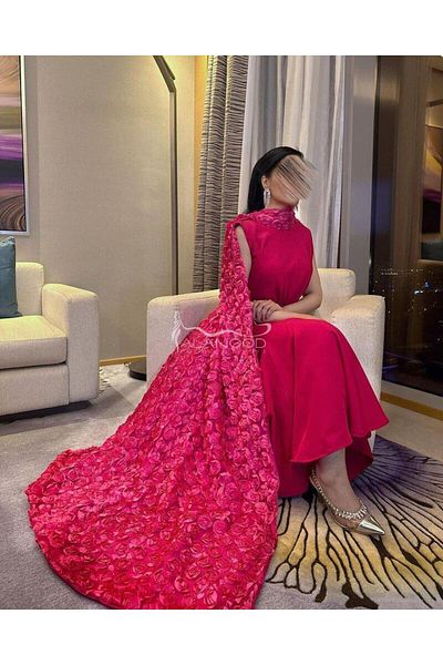 ALANOOD FASHION Fuchsia dress with a cape embroidered with prominent flowers for modern elegance