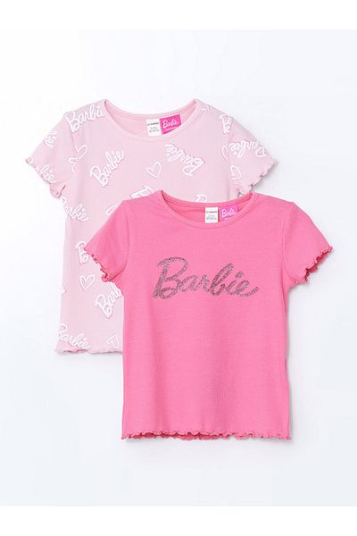 LC Waikiki Pink Barbi Printed Combed Cotton Ruffle Baby Girl T-Shirt Pack of 2