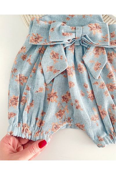 Jammybaby Sarah Bow 100% Cotton Linen Baby Girl Romper and Ruffle Hat Set-Blue