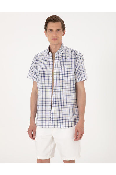 Pierre Cardin Ναυτικό μπλε καρό πουκάμισο με κανονική εφαρμογή και κοντά μανί...