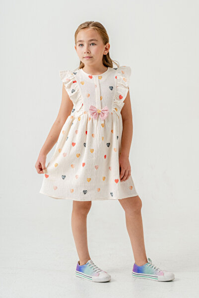 Cansın Mini Pembe Kalp Baskılı Fiyonk Detaylı Müslin Kız Çocuk Elbise 21080