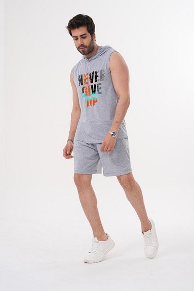 ACTIVE MODA Men's -Never Give up -Printed Sports Singlet - Shorts Set 2-Pack Large Size Cotton