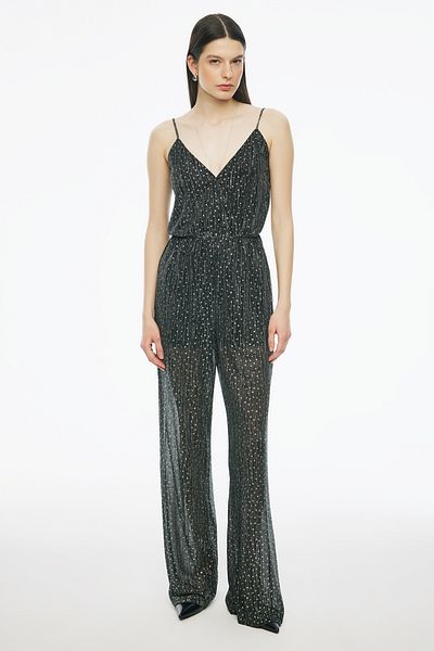 Perspective Lucky Long Length Strap Wide Leg Black Color Jumpsuit