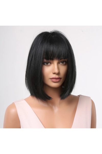 animis beauty Μαύρη περούκα καρέ, από συνθετικές ίνες με φυσική όψη, ίσιο καρέ μοντέλο με αφέλειες, 30 εκ.