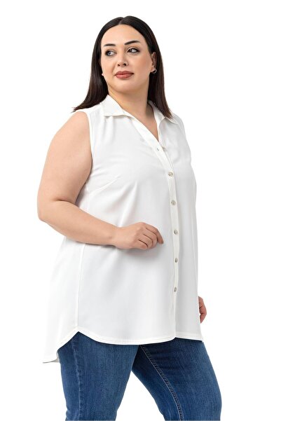 DISENTIS MODEST Plus Size Sleeveless White Shirt with Pleated Detail on the Back