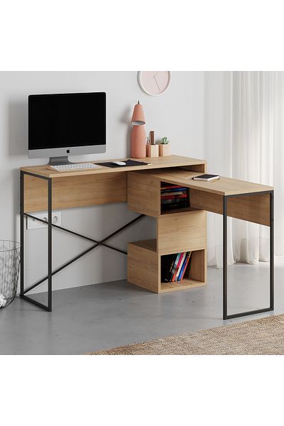 Mourah Home Badau L-Shaped Rotating Desk with Storage, Bookshelf & Shelves – Modern Industrial Work Table