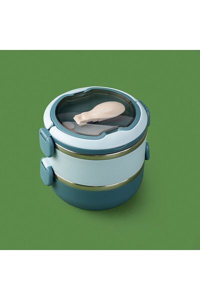 ASPARTAM Round 2 Layer Food Container with Fork and Spoon - Blue - 850 ml