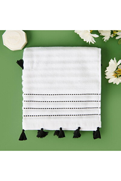 MATMEL منشفة قدم ناعمة بشراشيب - أبيض / أسود - 50x70 سم