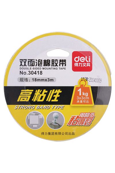 Deli 30418 Mounting Tape, 18mm×3m×1mm Double-Sided Foam, White – For Home & Office