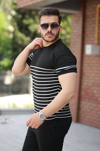 modaserdem Men's Line Patterned Crew Neck Short Sleeve T-Shirt
