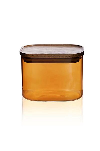 MATMEL Mia Acacia Rectangular Glass Jar - Amber - 500 ml