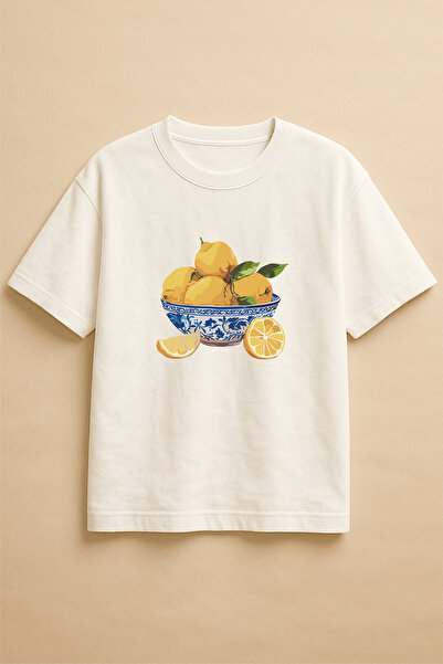 Altair Tr تي شيرت أبيض اللون كبير الحجم مطبوع عليه ليمون للجنسين