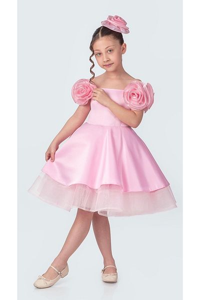 Baby Babyaden Rose Detailed Buckle Boat Neck Satin Fluffy Evening Dress Birthday Party Costume Girl Children's Dress