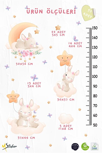 MSticker Sevimli Tavşanlar Yıldızlar ve Çiçekler Temalı Temalı Boy Ölçer Boy Cetveli Sticker Seti Çocuk