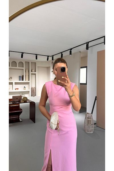 Sezgi Tekin Waist Draped Slit Detail Pastel Pink Midi Dress