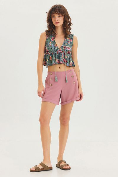 Clandestino V-Neck Floral Patterned Crop Blouse Gray