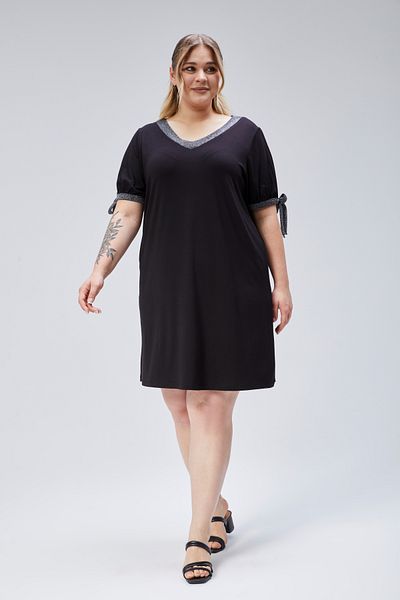 Curvy Trend Plus Size V-Neck Sleeve Decorated Tie-Up Dress with Glitter Detail