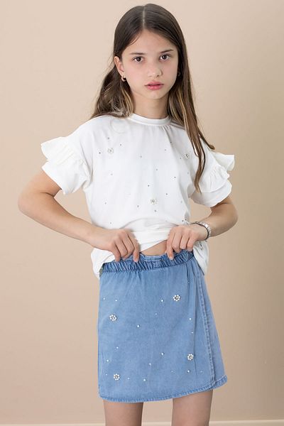 Cansın Mini Blue Jean Shorts Sequined Short Sleeve t Shirt Girl's 2 Piece Set 21101