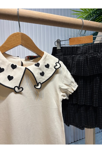 Canbi Kids Girl's Heart Embroidered Baby Collar T-Shirt Black Ruffled Skirt 2-Piece Set