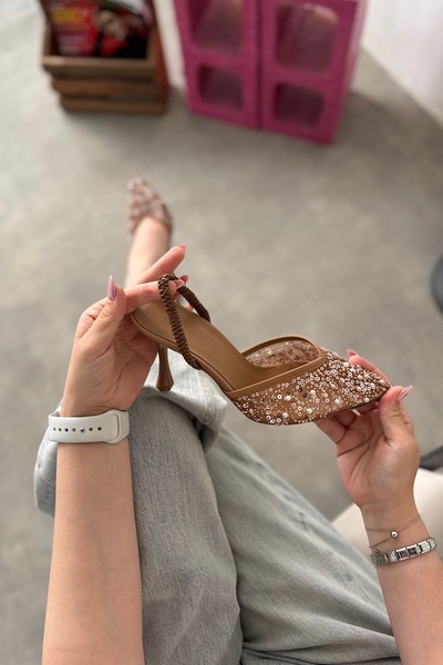 SHOEBELLAS Anje Vizon Dantel Boncuk İşleme Detaylı Kadın Topuklu Ayakkabı