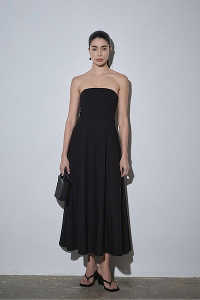 Suud Collection Μαύρο λινό φόρεμα Melinda με λουράκι