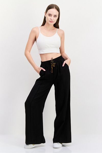 Scotch & Soda Women Regular Fit 32 Length Plain Wide Leg Pants, Black