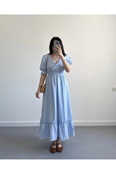 Lusin Γυναικείο κοντομάνικο φόρεμα Baby Blue V λαιμόκοψη με ελαστική μέση από ύφασμα μουσελίνας