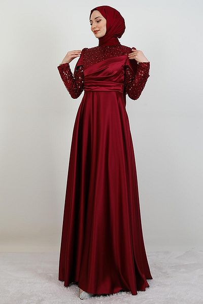 GİYZAMİLA Rochie de seara cu paiete cu maneca Bordeaux