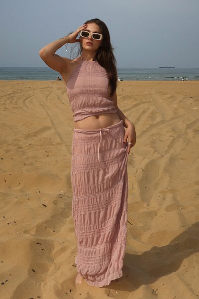 Laluvia Pink Sequin Chiffon Blouse Skirt Set