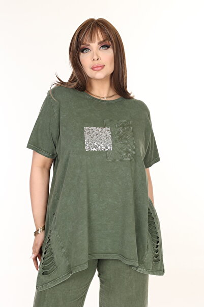 özle fashion Önü Taşlı ve İşlemeli Büyük Beden Bluz