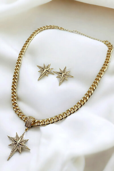 esplendor Gold Kuzey Yıldızlı Zirkon Taşlı Kolye ve Küpe Seti