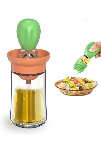 WeoTca Oil Dispenser With Brush, Glass/silicone, Transparent/green/pink, 180 ml